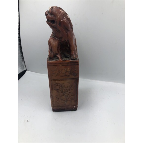 Vintage Chinese Soapstone Carved Foo Dog Library Bookend/ Brown Engraved Floral! - Picture 8 of 12